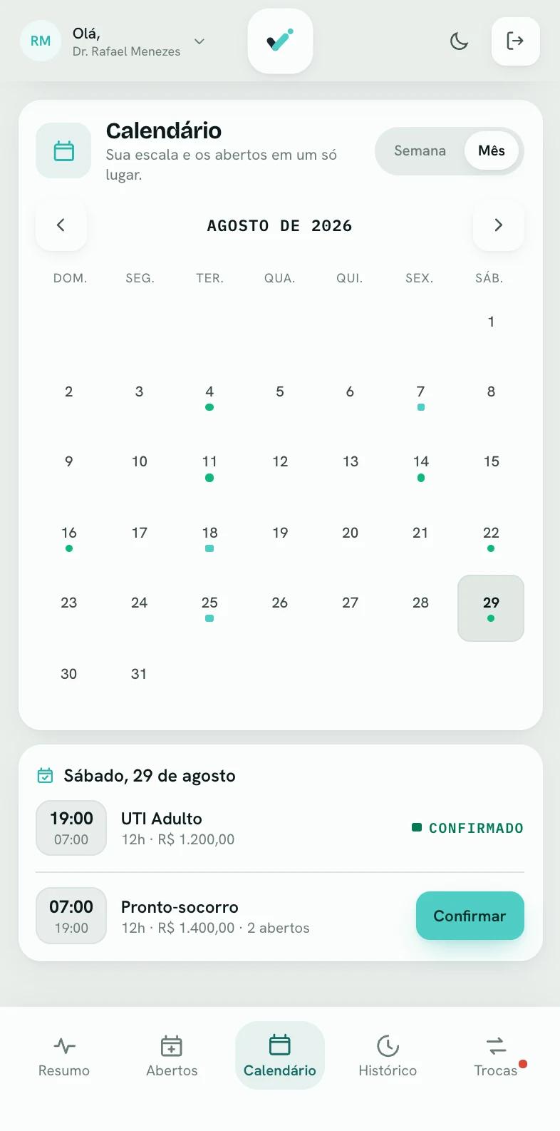 Calendário de plantões com plantão confirmado no Confirma Plantão