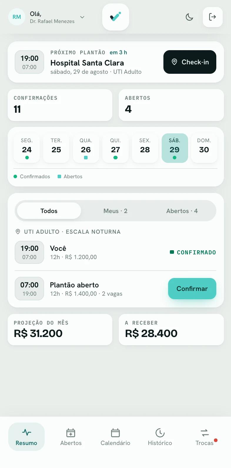 Tela de resumo do médico no Confirma Plantão